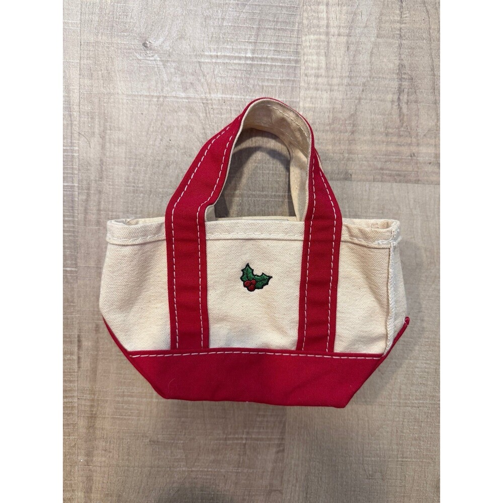 Vintage LL Bean Boat & Tote Red Poinsettia Canvas Double Handle Mini Tote Bag